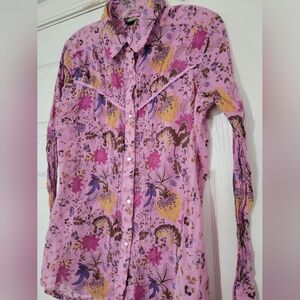 APW for Women Long Skeeve Floral Pearl Snapdown Pleated Shirt Size Large